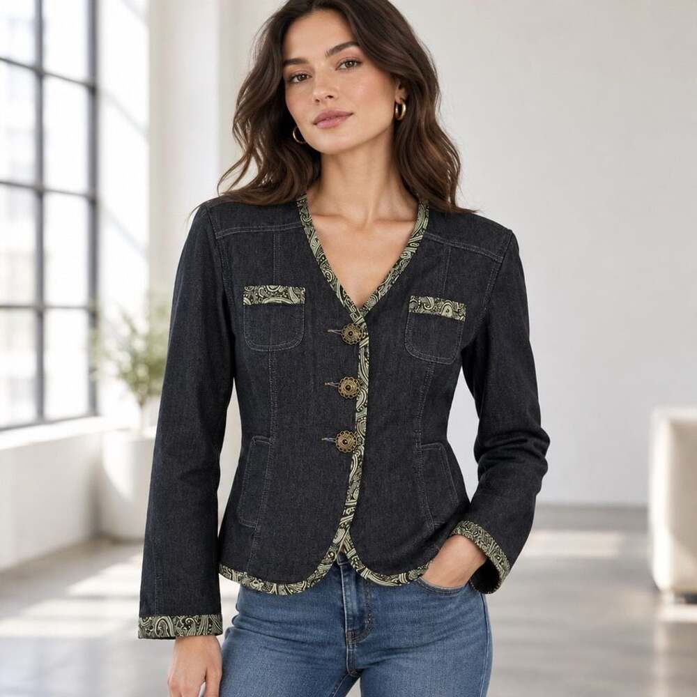 A.M.I. Denim Jacket Size L Paisley Trim Blue